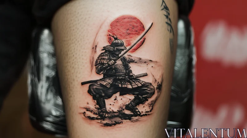 Samurai Warrior Tattoo with Red Sun Background AI Image