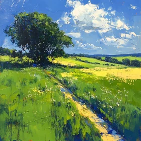 Idyllic Countryside Scene with Sunlit Meadow