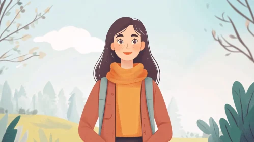 Young Woman Cartoon Character in the Forest