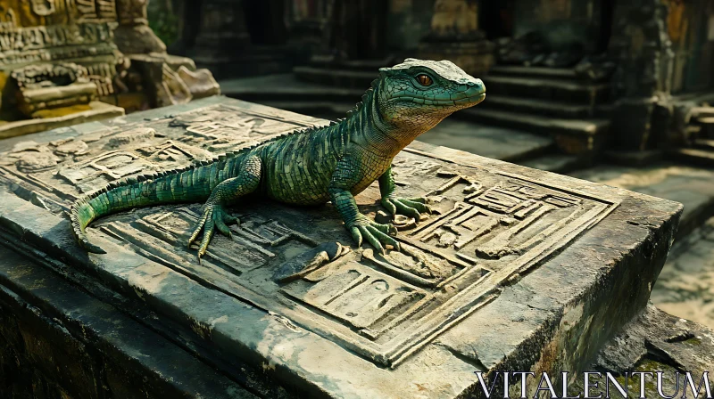 Green Lizard on Carved Stone