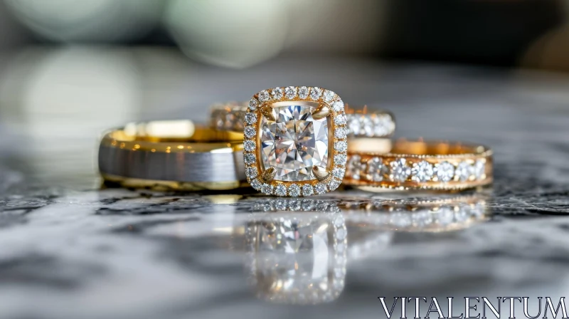 Elegant Wedding Ring Set on Marble Surface AI Image