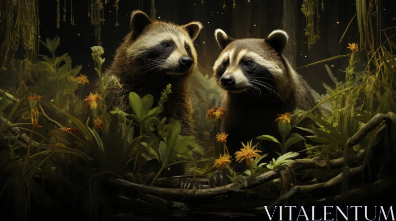 Enchanting Woodland Scene with Two Racoons in a Fantasy Setting AI Image
