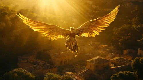 Angel with Golden Wings Over Cityscape