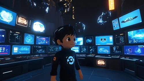 Cartoon Boy in Tech Control Center