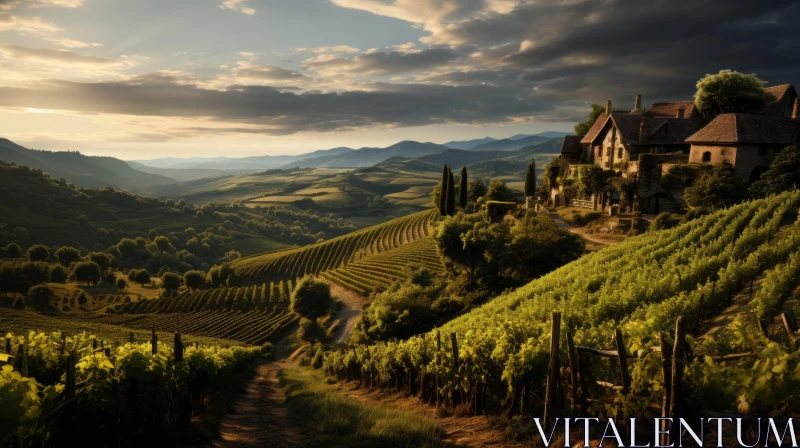 Idyllic Vineyard Landscape at Sunset - Rural Charm AI Image