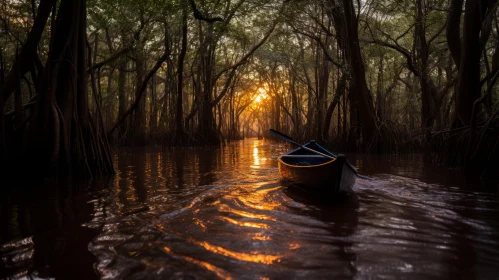 Majestic Canoes in the Enchanting Mangrove Forest at Sunset