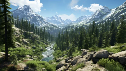 Mountain Landscape in Game Environment: Tranquil Wilderness