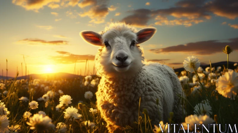 Pastoral Dream: A Sheep in Sunset Field AI Image