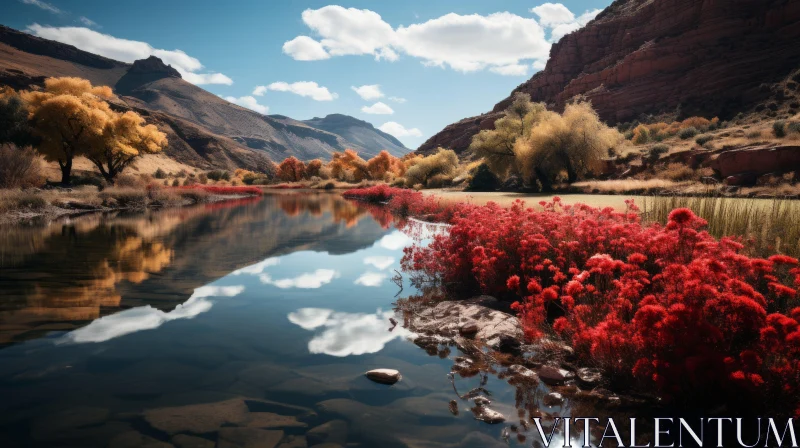Tranquil River in Autumn Landscape with Vibrant Autumn Colours AI Image