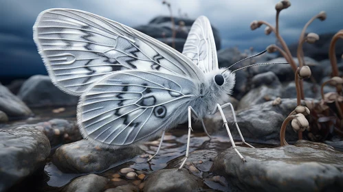 White Butterfly on Rocks: Science Fiction Style Art