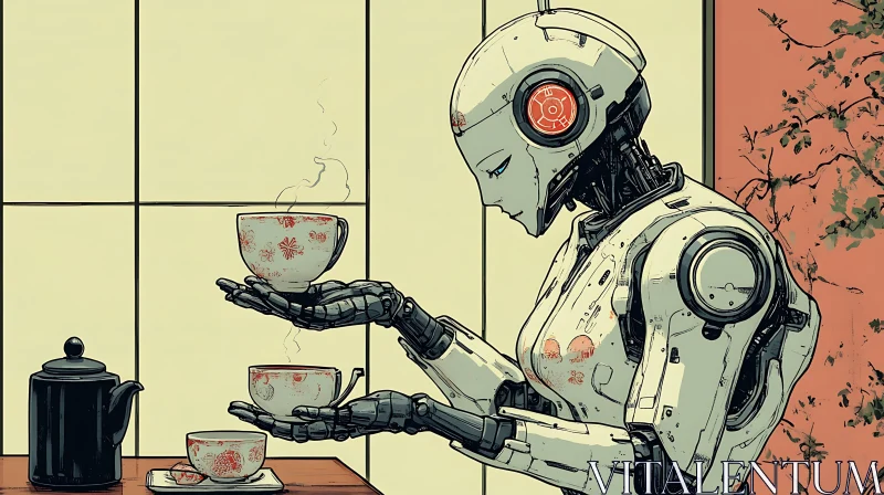 Futuristic Robot in a Japanese Tea Setting AI Image