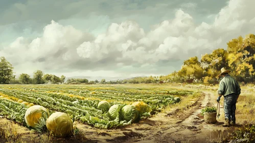 Farmer in Cabbage Field