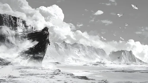 Monochrome Seascape with Cloaked Figure