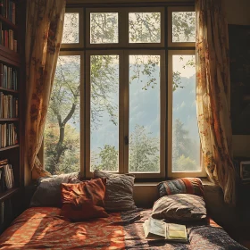 Sunlit Reading Corner with Mountain View