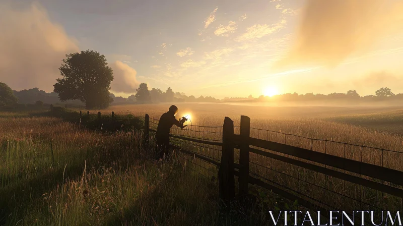 Misty Morning Field at Sunrise AI Image