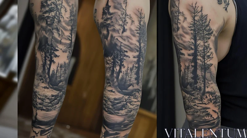 Serene Nature Tattoo with Tall Trees and Rocky Terrain AI Image