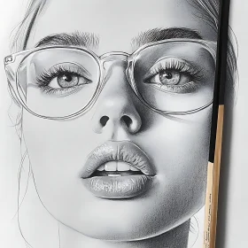 Realistic Sketch of a Woman's Face with Glasses