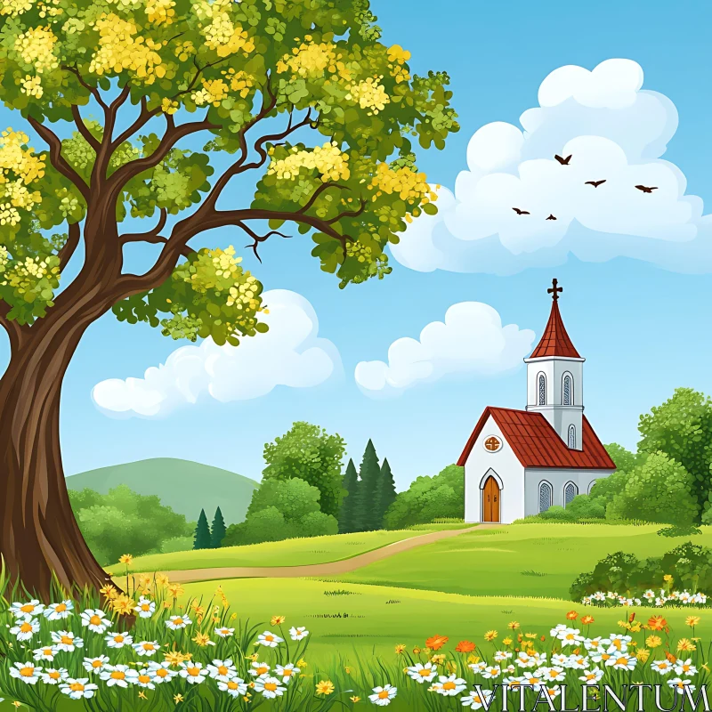 Pastoral Church Scene with Flowers AI Image