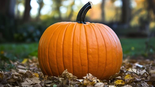 Harvest Pumpkin on Fallen Leaves