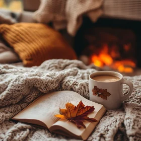 Warm Autumnal Scene with Book and Coffee