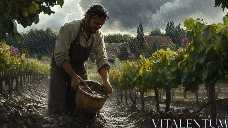 Man Harvesting Grapes During Rainfall AI Image