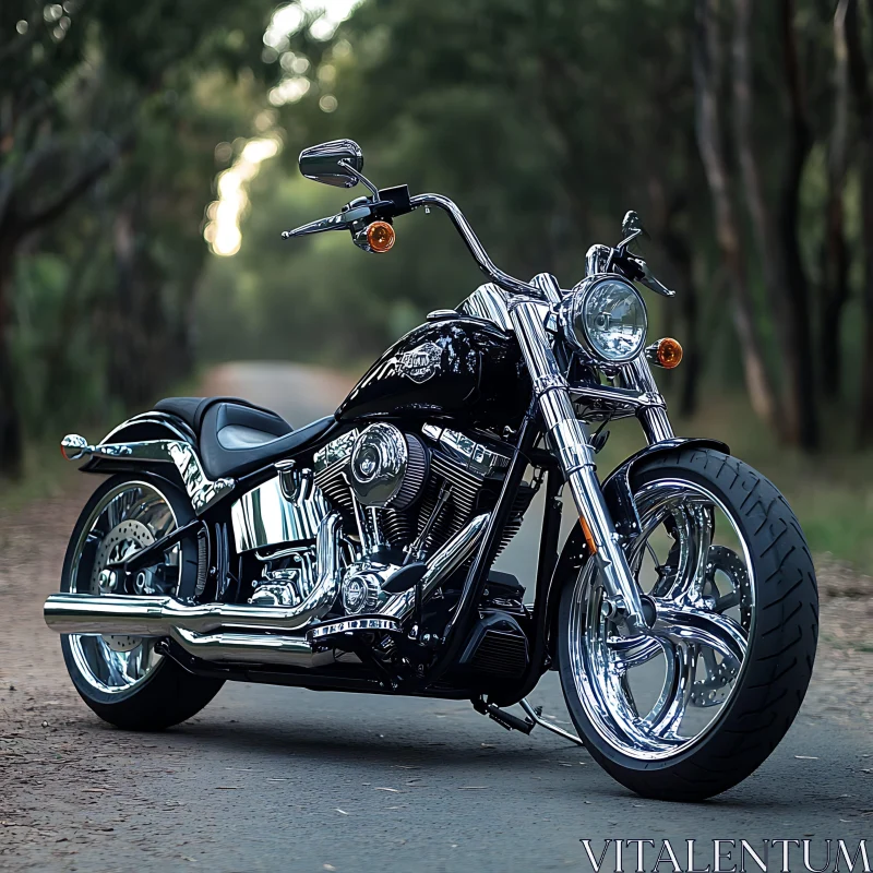 AI ART Classic Motorcycle on a Forest Road