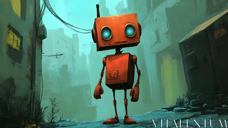 AI ART Orange Robot Amidst Teal Ruins