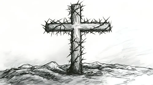 Thorn-Entwined Cross on Barren Landscape