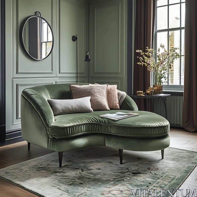 Green velvet chaise lounge in tranquil room AI Image