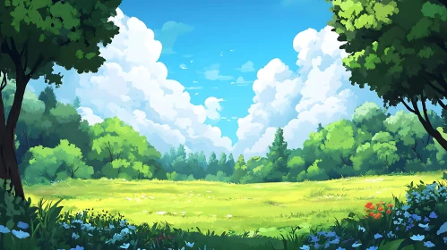 Lush Green Field with Trees and Clouds