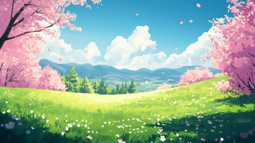 Spring Meadow with Cherry Blossom Trees