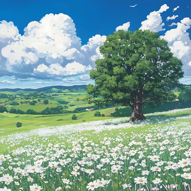 Tranquil Meadow Scene with Daisies and Tree AI Image