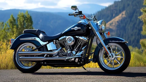 Motorcycle with Chrome Details and Mountain Backdrop