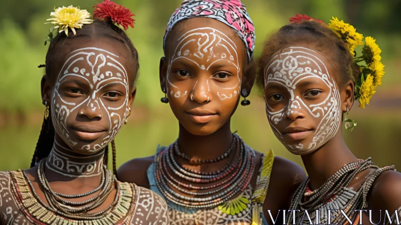 Captivating African Beauty: Three Girls in Traditional Tribal Attire AI Image