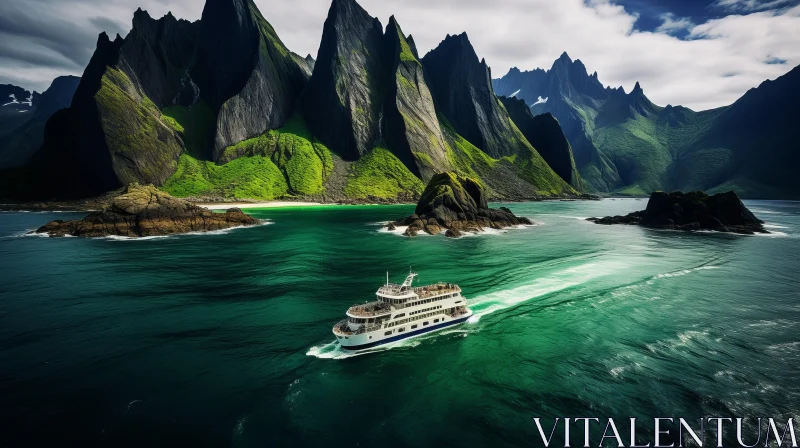 Captivating Cruise Boat in the Ocean with Majestic Mountains AI Image