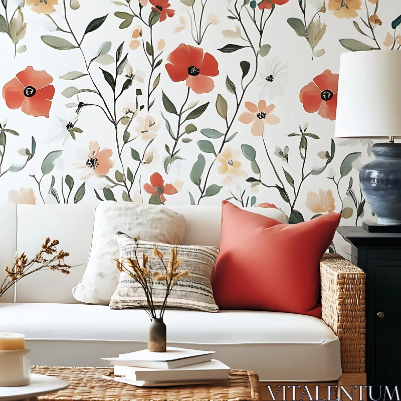 AI ART Interior with Floral Wallpaper and Couch