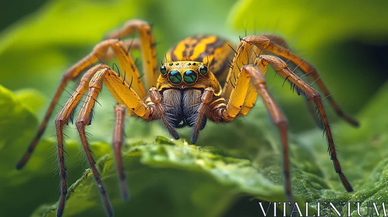 Close-Up Image of a Yellow Spider Resting on Leaf AI Image