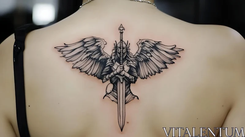 AI ART Back Tattoo: Angelic Warrior with Sword