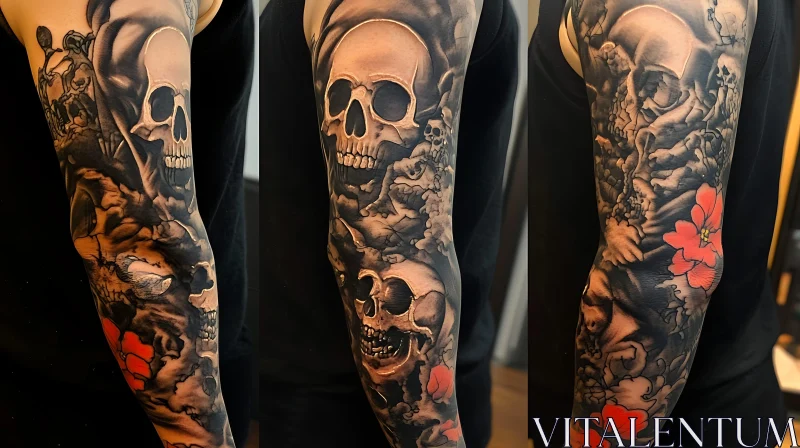 Detailed Skull Sleeve Tattoo with Red Flowers AI Image