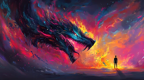 Man Facing Dragon in Colorful Landscape