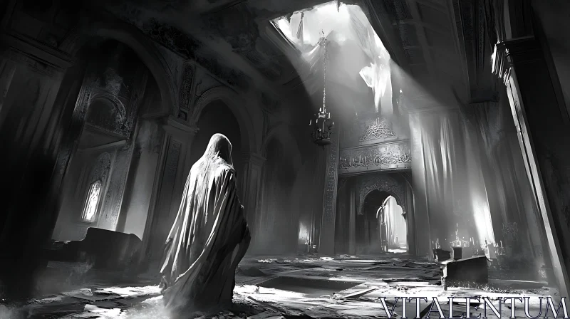 Monochrome Hallway with Cloaked Figure AI Image