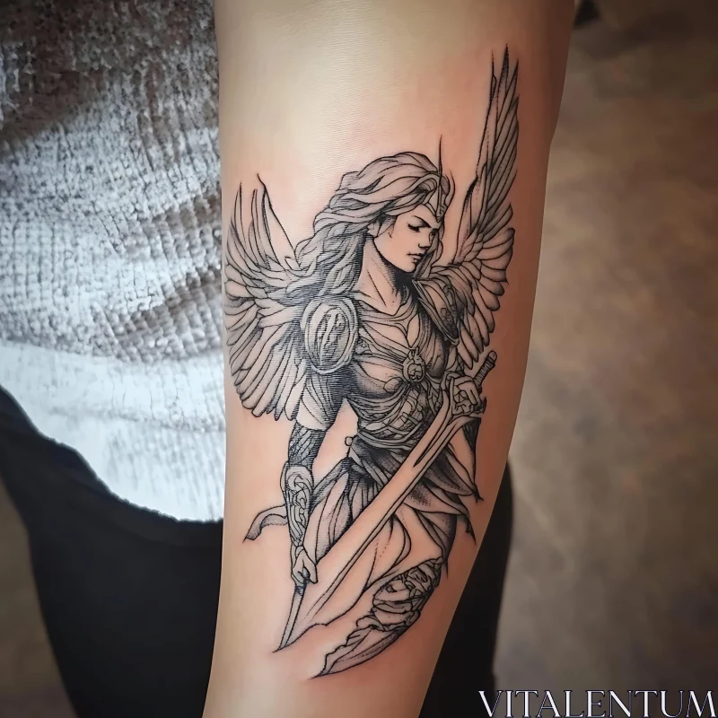 Detailed Winged Warrior Tattoo Arm Design AI Image