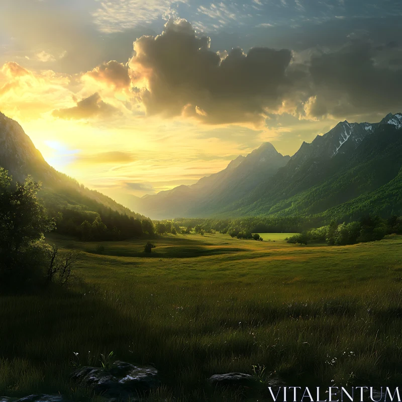 Golden Hour Over Green Valley AI Image