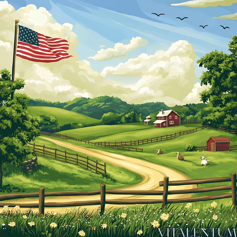 AI ART Rural Farm with American Flag