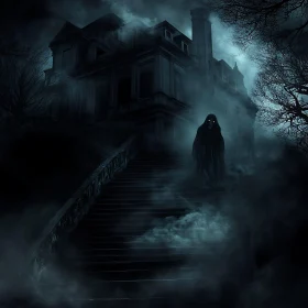 Eerie Ascent: Spectral Figure at Dark Mansion