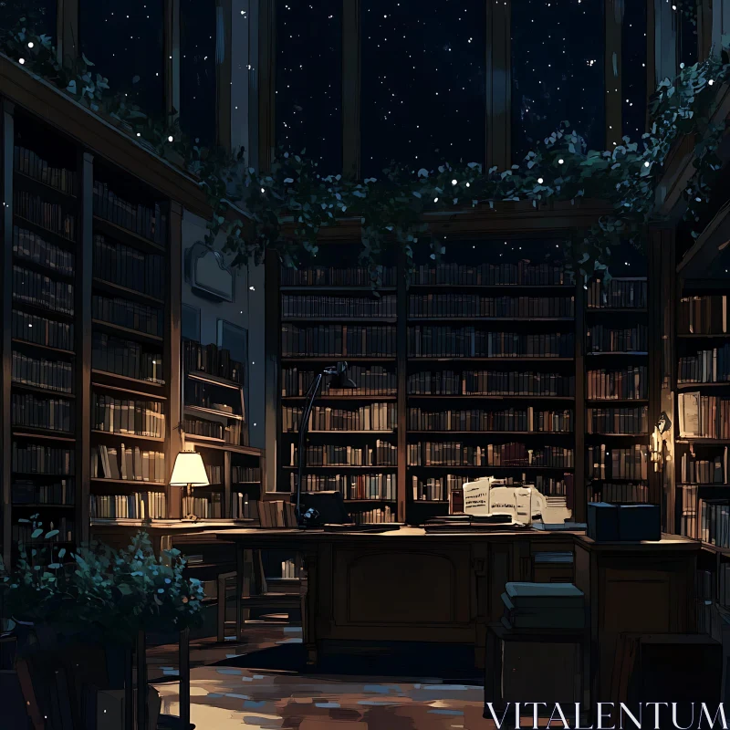 Nighttime Study in a Cozy Library AI Image