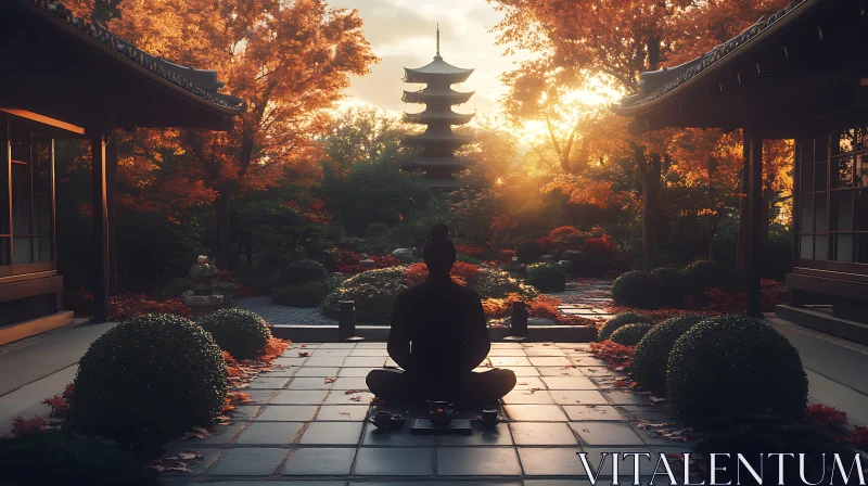 Meditative Silhouette in Japanese Garden AI Image