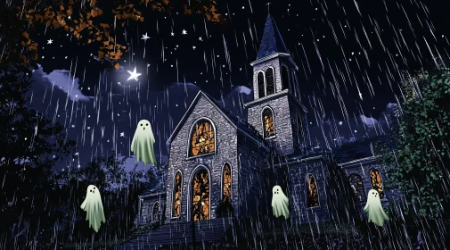 Spooky Church with Ghosts in the Rain