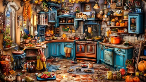 Retro Kitchen Interior With Scattered Food