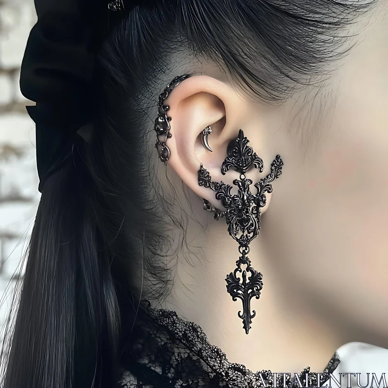 Close-Up of Elaborate Black Lace Earrings AI Image